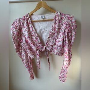 HEMANT & NANDITA Hera Floral Crop Top In Orchid Pink Linen Cotton Coquette Tie L